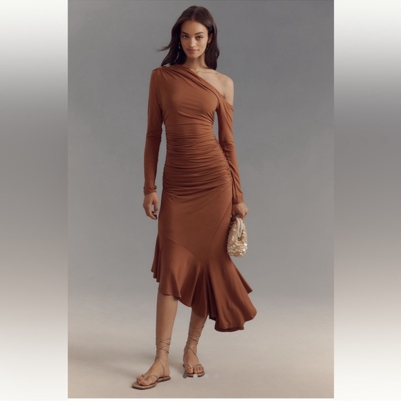 NWT! Anthropologie Long-Sleeve Off-The-Shoulder Asymmetric Slim Midi Dress 🕶️